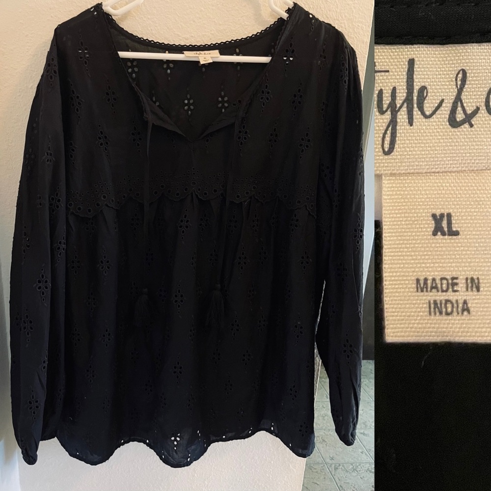 Style and co black eyelet long sleeve blouse